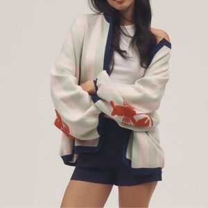 Bel Kazan Striped Open Front Cardigan with Lobster Design One Size